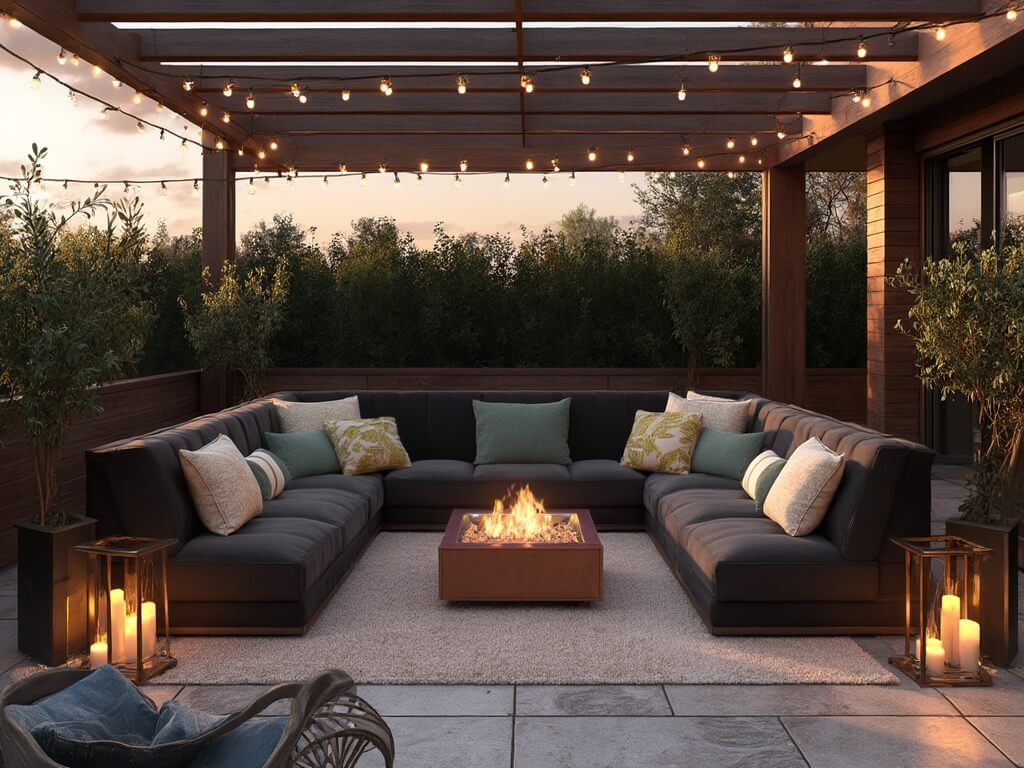 "Luxury modern patio at twilight with cedar pergola, L-shaped sectional, copper fire table, olive trees and ambient lighting"