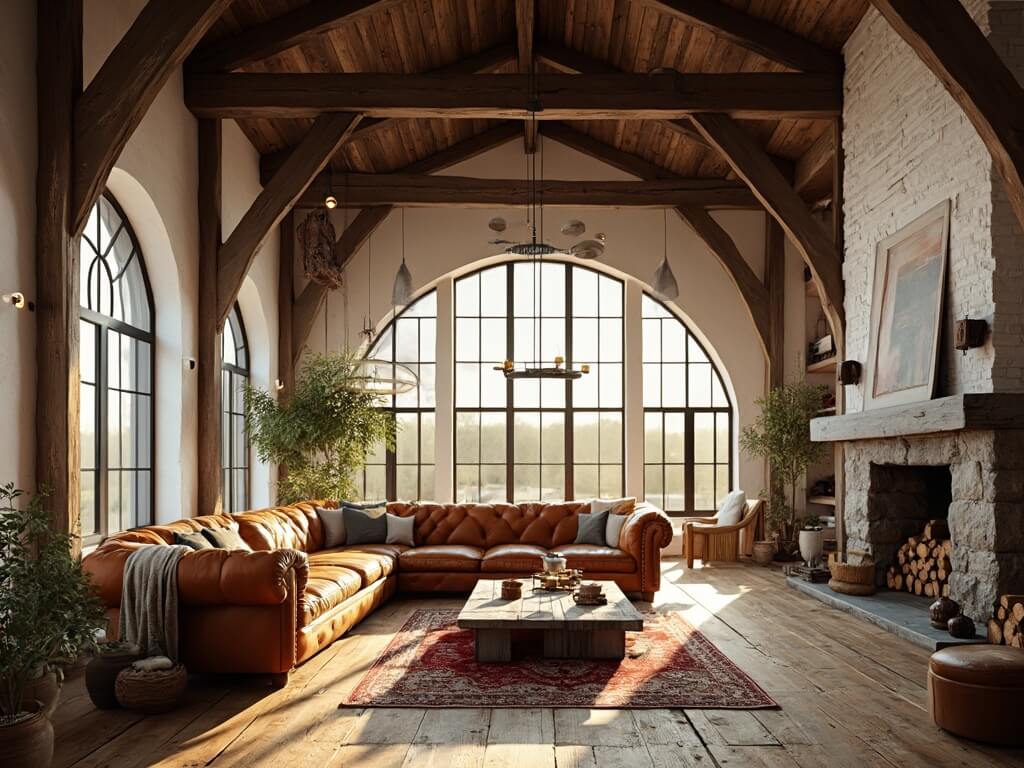 "Modern rustic barn conversion living room with cathedral ceiling, large windows, Chesterfield sofa, industrial pendant lights, and stone fireplace."