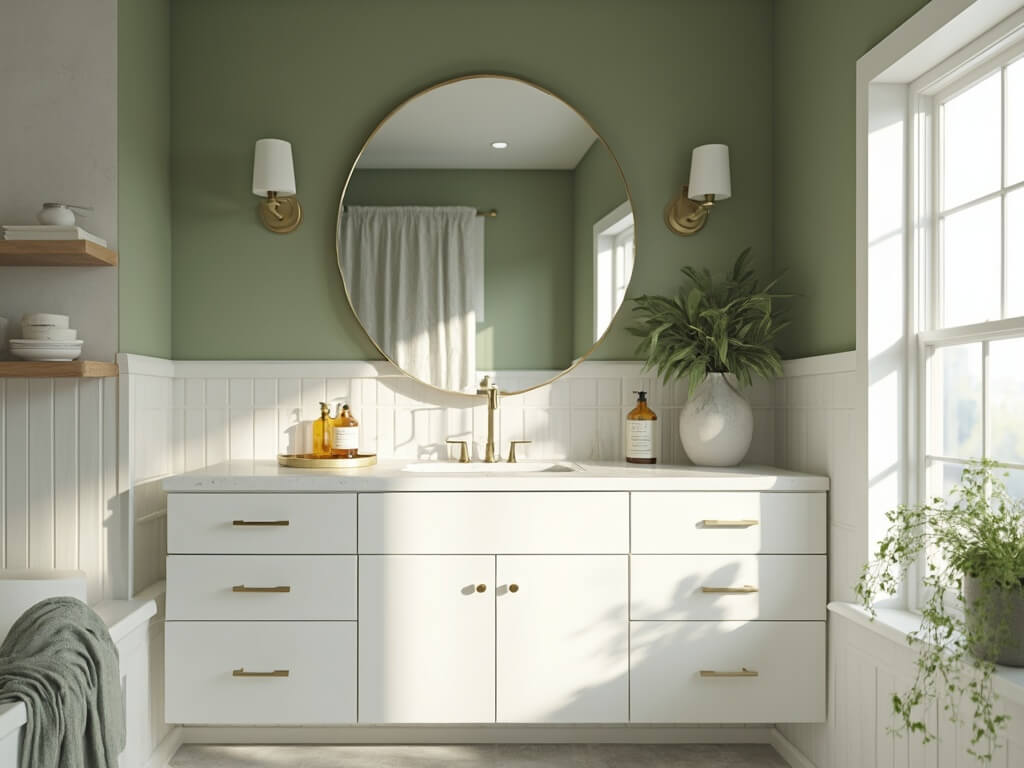 "Serene bathroom interior with sage green accent wall, vintage brass mirror, floating walnut shelves, and white quartz countertop under soft morning light"