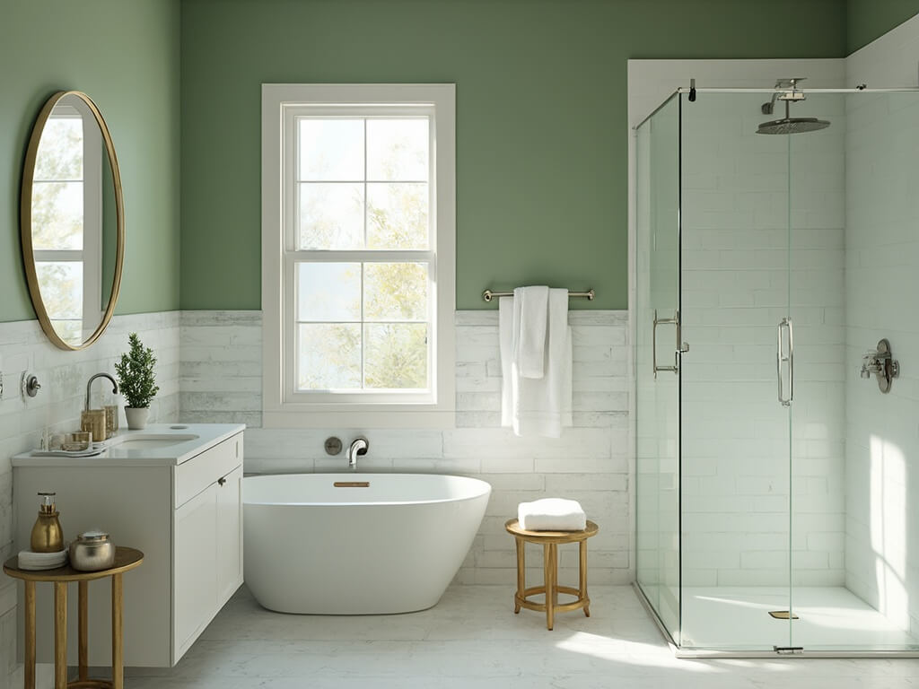 "Modern sage green bathroom with white quartz vanity, subway tile backsplash, and minimalist brass accessories in morning sunlight"