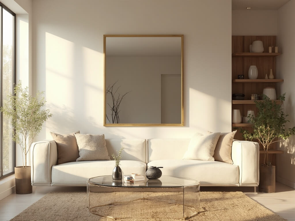 "Modern minimalist living room with sunlit natural light, ivory sofa, brass-framed mirror, acrylic coffee table, and floating walnut shelves"