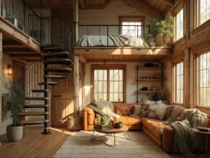 "Cozy timber-frame cabin loft interior during golden hour with sun rays streaming through windows, featuring spiral staircase, sleeping loft with cream bedding, cognac leather sofa, and vintage brass sconces against white shiplap walls."