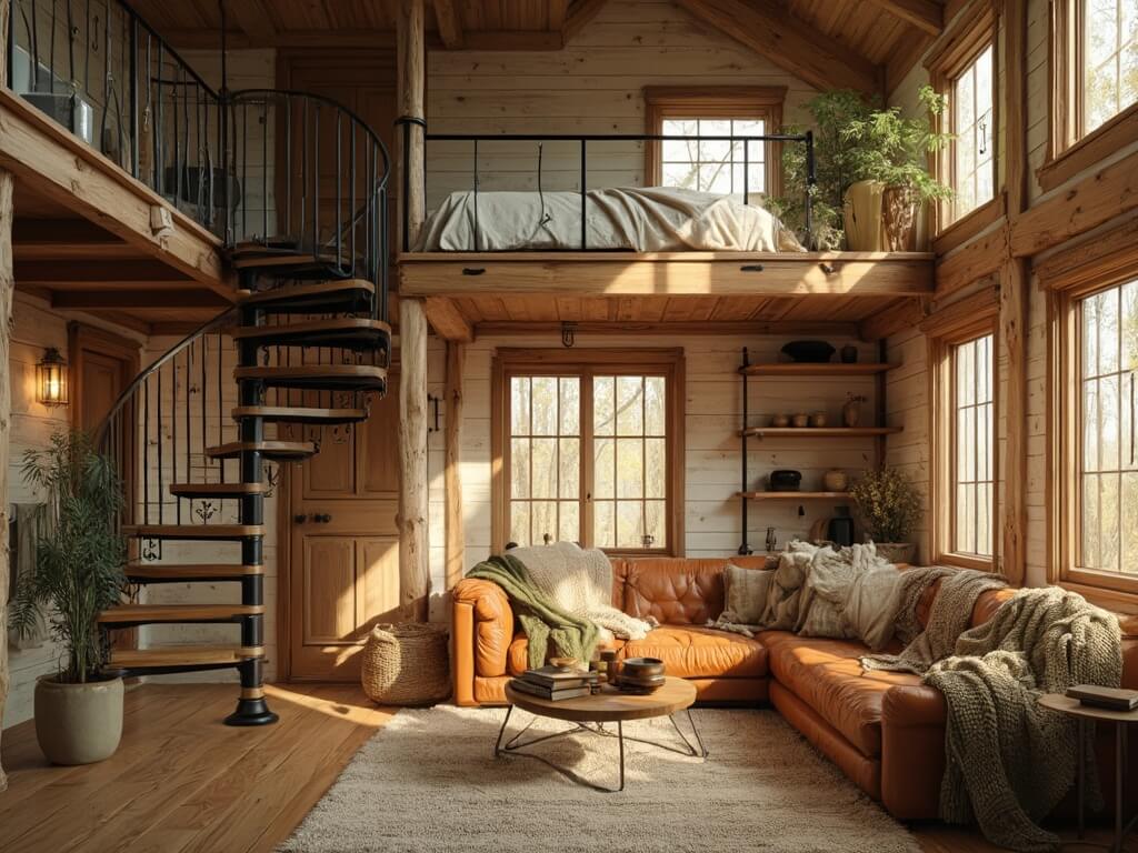 "Cozy timber-frame cabin loft interior during golden hour with sun rays streaming through windows, featuring spiral staircase, sleeping loft with cream bedding, cognac leather sofa, and vintage brass sconces against white shiplap walls."