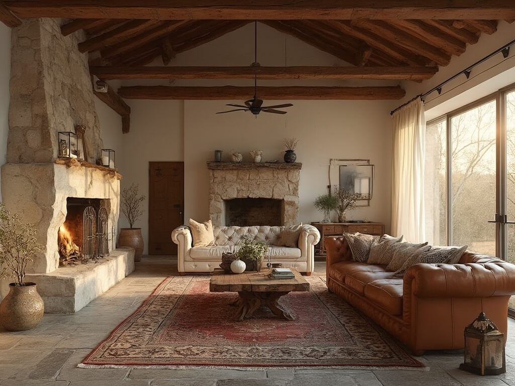 "Rustic living room with stone fireplace, wooden beams, and vintage decor during golden hour"