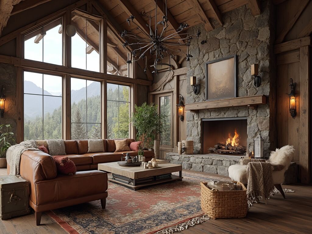 "Rustic mountain lodge living room with massive wooden beams, floor-to-ceiling windows, stone fireplace, cognac leather sofa, and antique trunk coffee table, bathed in warm afternoon light."