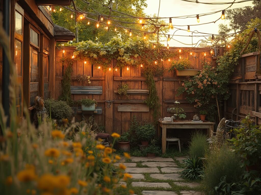"Rustic backyard sanctuary with DIY wooden pallet fence, Edison string lights, climbing jasmine, and vintage mason jar planters at golden hour"