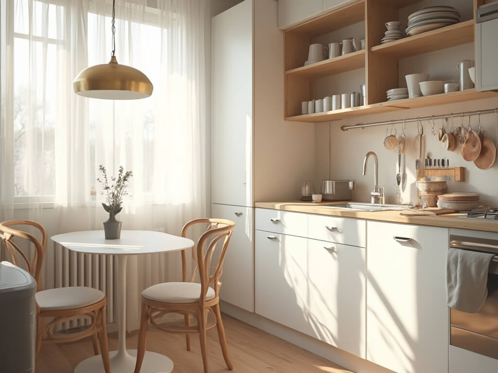 "Scandinavian minimalist kitchen with white IKEA cabinets, birch countertops, and modern brass lighting"