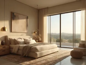 "Serene beige master bedroom bathed in golden hour sunlight with plush bedding, vintage Persian rug, brass wall sconces, abstract art, and natural wood nightstands."