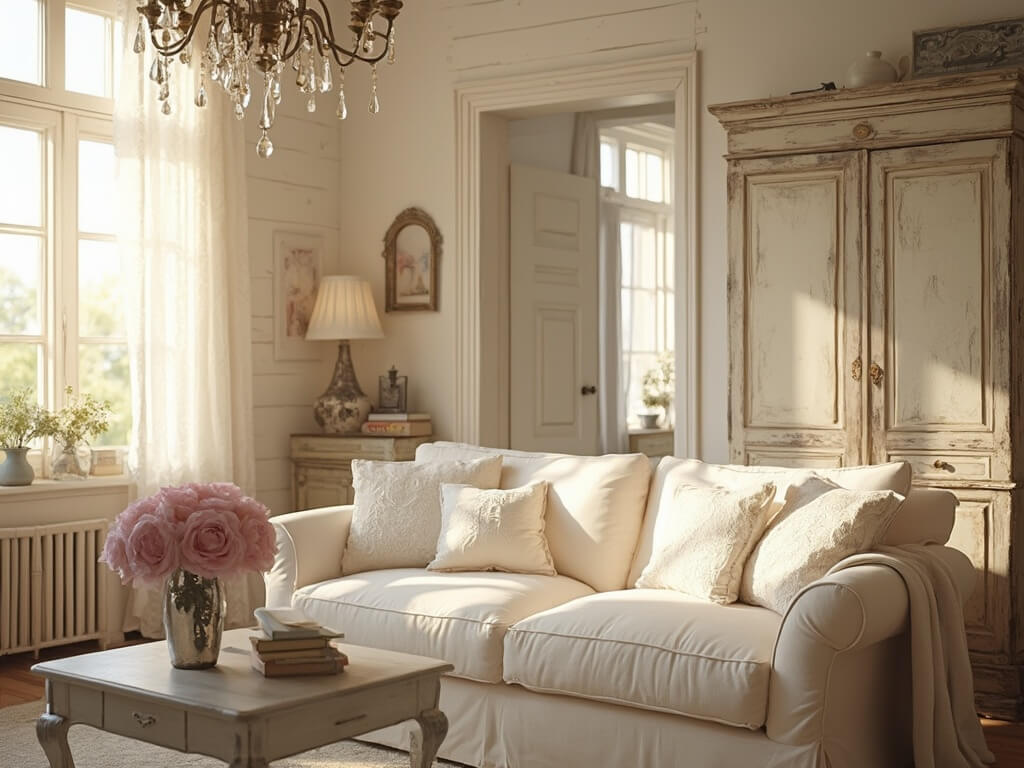 "Shabby chic living room bathed in golden sunlight, featuring plush cream sofa, antique wooden furniture, crystal chandelier, and fresh peonies."