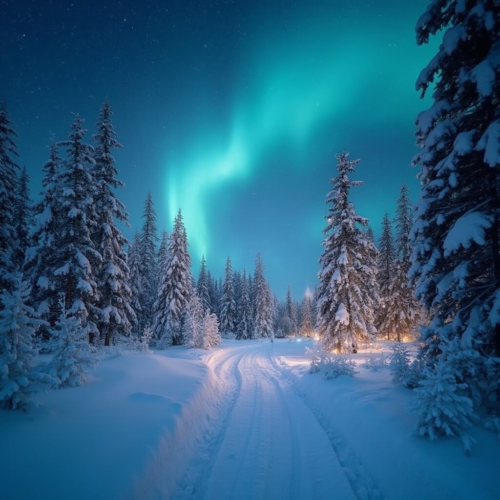 Snow-covered pines lit by fairy lights in night-time Rovaniemi landscape with Arctic snow and a magical winter atmosphere