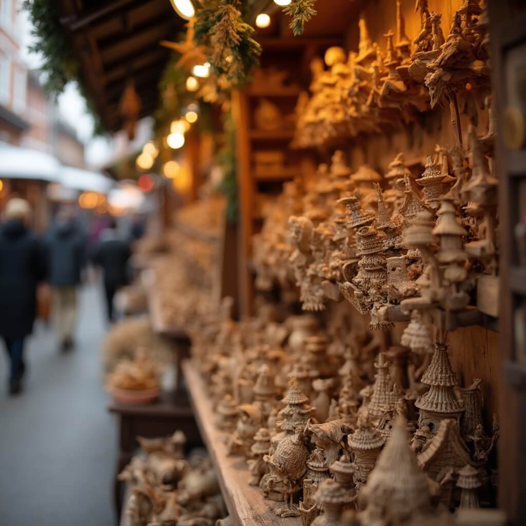 Close-up of a traditional Austrian Christmas market stall with handcrafted wooden ornaments and intricate carved figurines, highlighted by warm light, with a blurred festive market background
