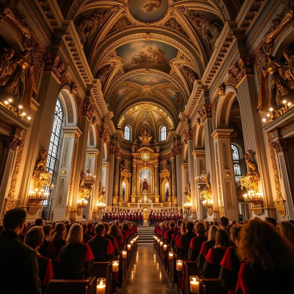 Choir performing an Advent concert in ornate Baroque Viennese church illuminated by soft candlelight