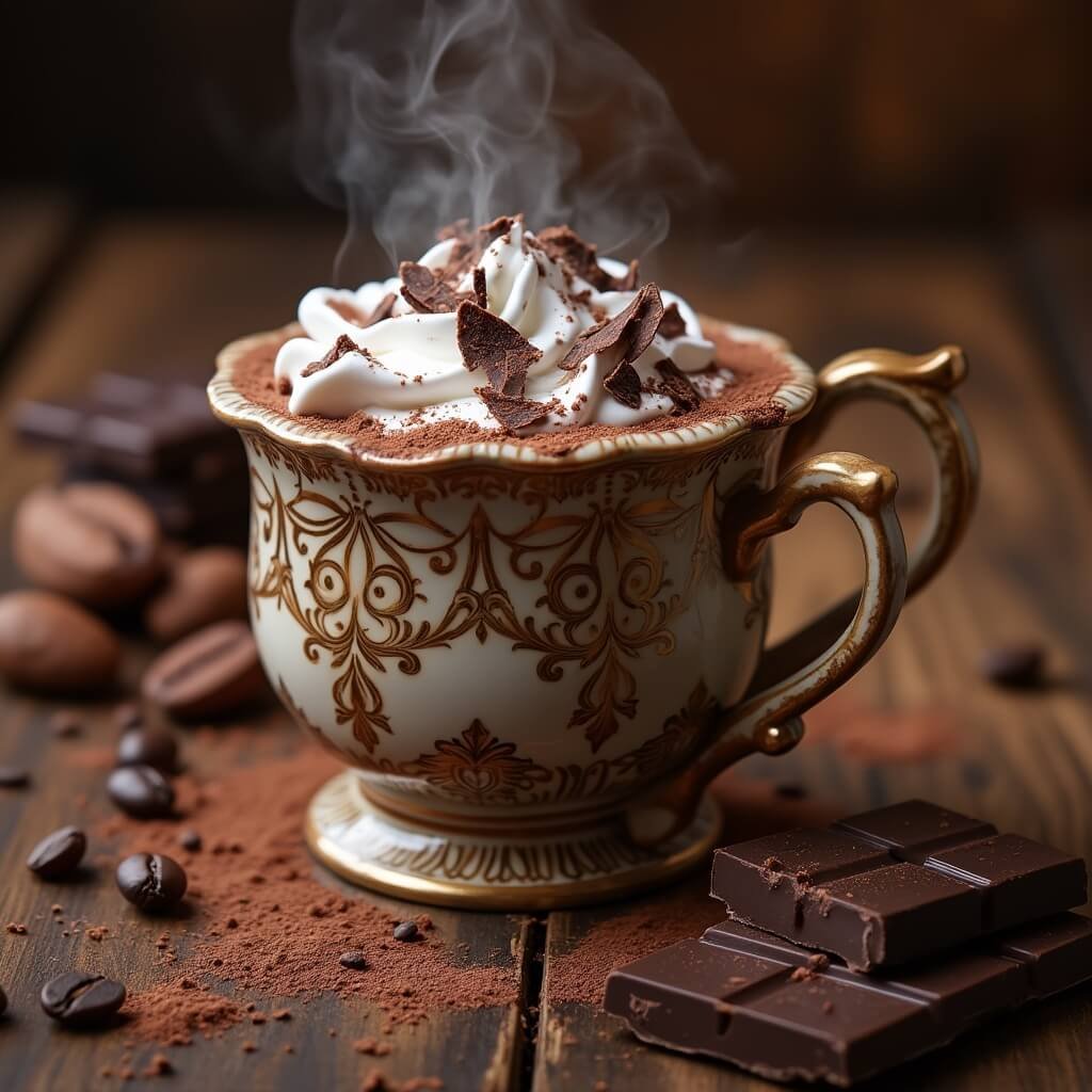 Belgian hot chocolate in ornate ceramic mug, topped with whipped cream and dark chocolate shavings, on a rustic table with chocolate pieces and cocoa beans, in a warm lit setting