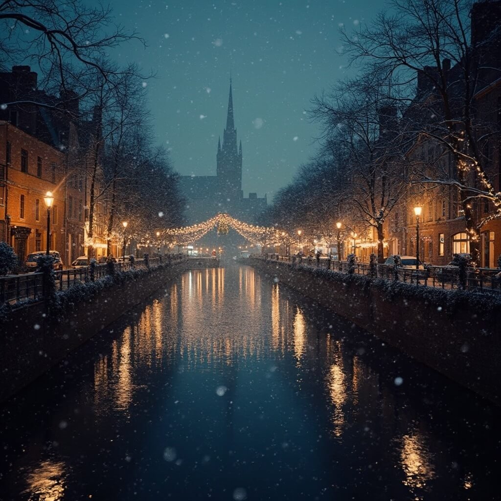Nighttime winter scene of Bruges canal with festive lights reflecting on water, silhouetted medieval architecture, and soft snowfall creating a magical Christmas mood