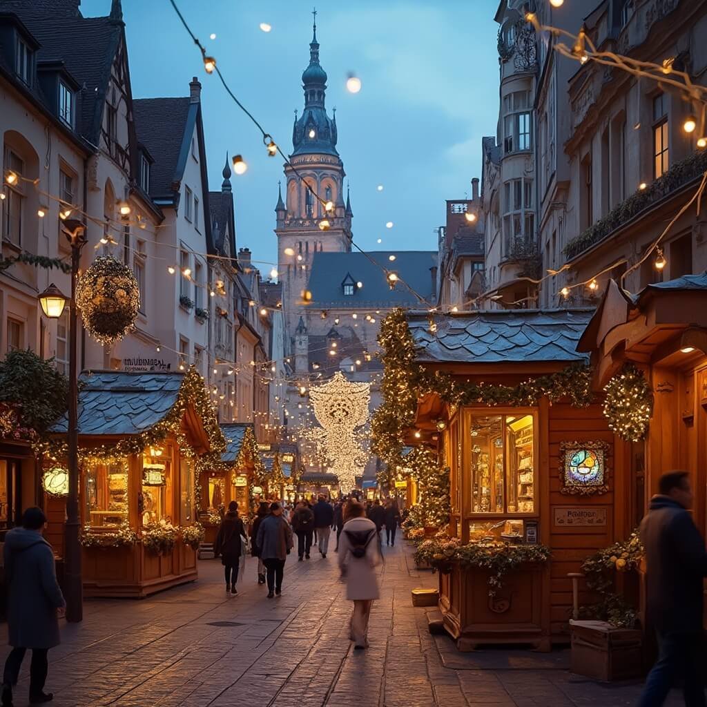 Markt Square at Christmas with wooden chalets, historic Belgian buildings, Belfry Tower, and festive decorations in warm evening light