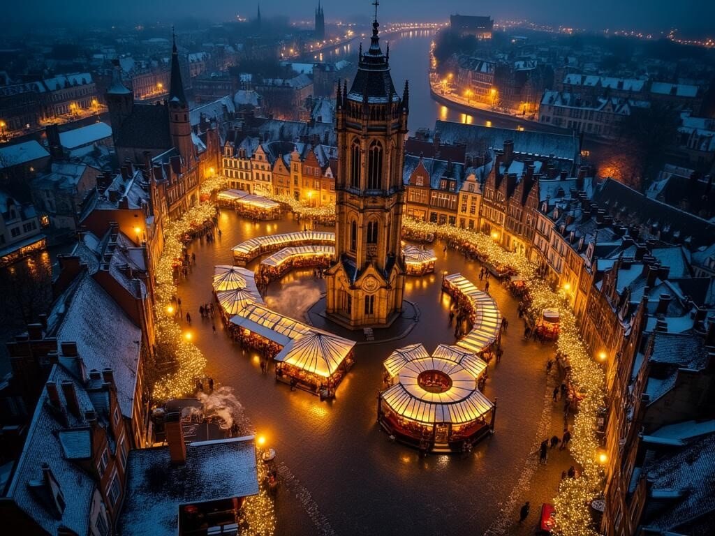 "Aerial view of the Christmas market in medieval Bruges at night, featuring illuminated Markt Square with gothic Belfry Tower, glowing market chalets, cobblestone streets with twinkling lights, snow-dusted rooftops, reflective canals, tiny shoppers, and ice rink under a mix of warm yellow and cool blue lights."