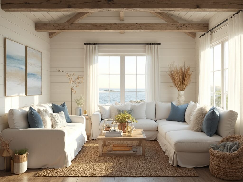 "Sunlit coastal farmhouse living room with white shiplap walls, oak beams, a plush ivory sofa, rattan chairs, and coastal decor in soft blues and creams"
