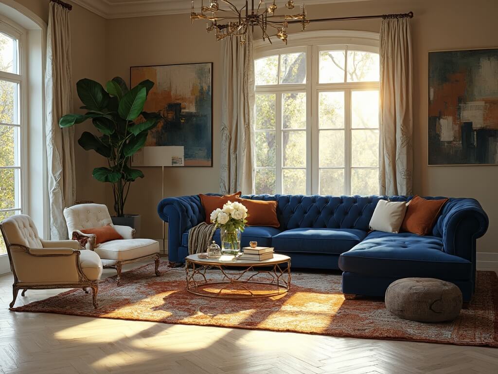 Elegant living room with blue velvet sofa, brass accents, and warm sunlight filtering through large windows