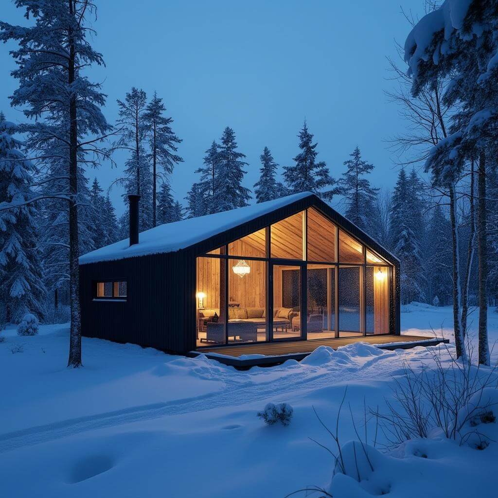 Modern eco-friendly cabin with glass roof in Lapland wilderness, surrounded by untouched snow and reflecting twilight hour, soft interior lighting visible