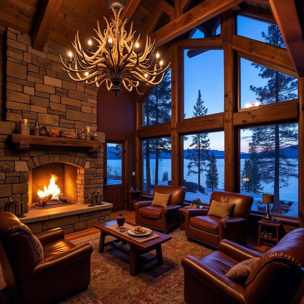 Interior of a cozy mountain lodge with a lit fireplace, plush leather armchairs, floor-to-ceiling windows overlooking snow-covered Lake Tahoe, and antler chandelier casting a warm glow