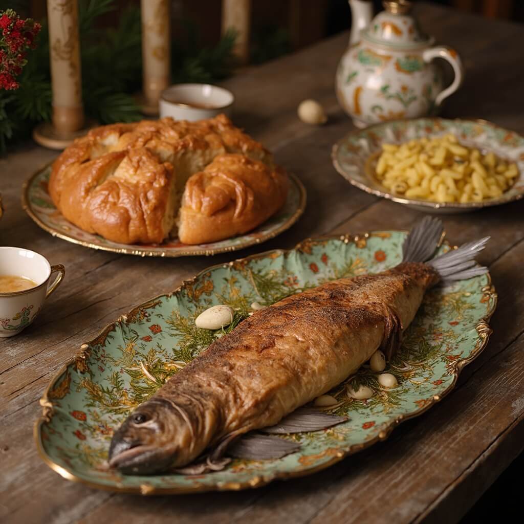 Close-up of a traditional Czech Christmas Eve dinner table featuring decorated Vánočka bread, detailed potato salad, ornate ceramic dishes, candles and cooked carp