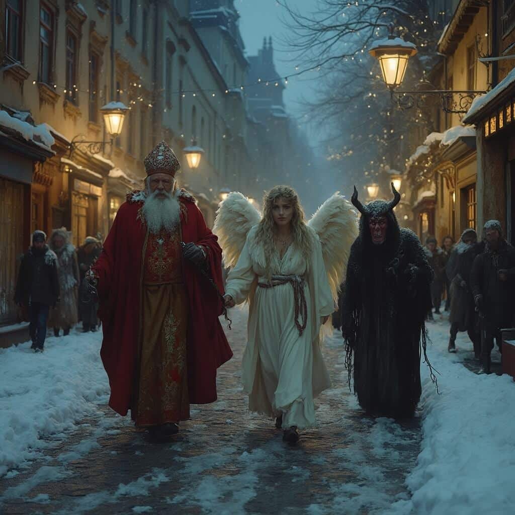 St. Nicholas, an Angel, and a Devil strolling on a snowy cobblestone street at night amidst historic Czech buildings, under soft street lamp lights
