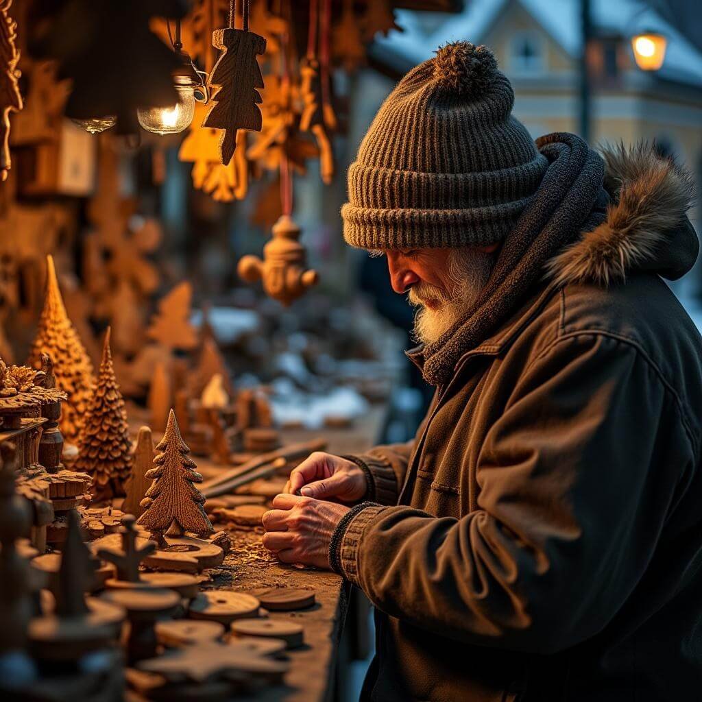 Czech woodcarver crafting a wooden ornament in his market stall filled with intricate crafts and tools, illuminated by warm candlelight against a dark winter evening