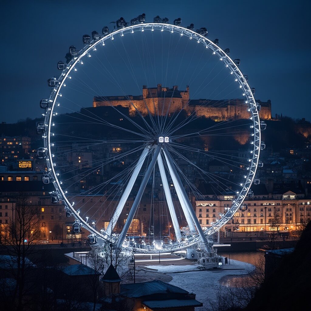 Illuminated LNER Big Wheel at night against Edinburgh Castle, aerial view with twinkling city lights and clear winter sky