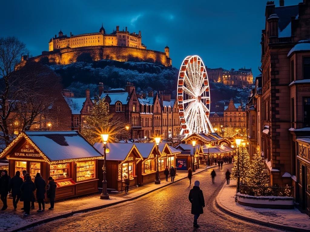 "Edinburgh Castle illuminated at night during Christmas with snow-covered streets, wooden market stalls, and a Ferris wheel in Princes Street Gardens"