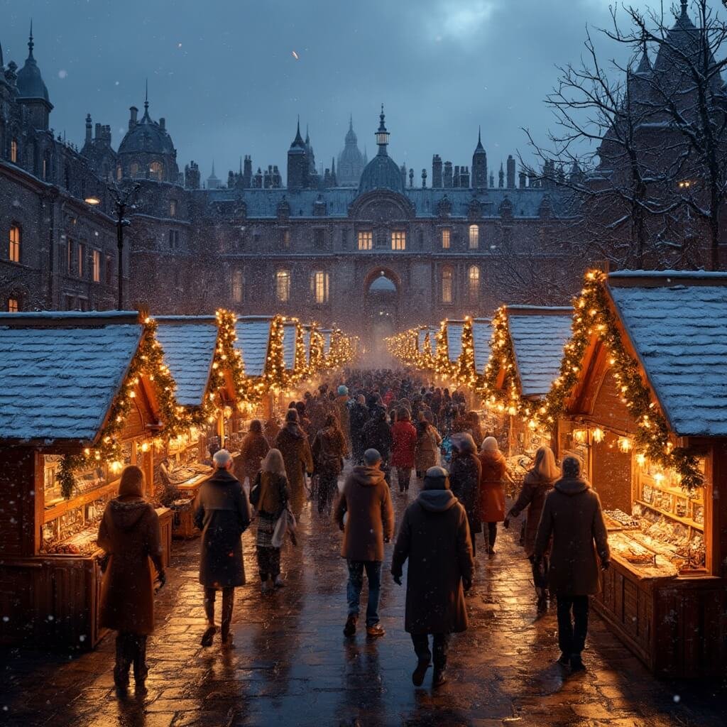 Edinburgh's East Princes Street Gardens Christmas market at dusk featuring wooden stalls, warm lighting, snowfall, festive decorations, and people browsing against a backdrop of historic architecture