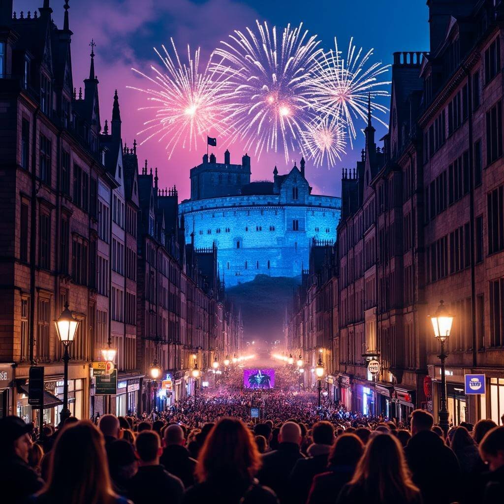 Fireworks over Edinburgh Castle during the Hogmanay Street Party with crowds and Gothic architecture silhouetted against the vibrant night sky