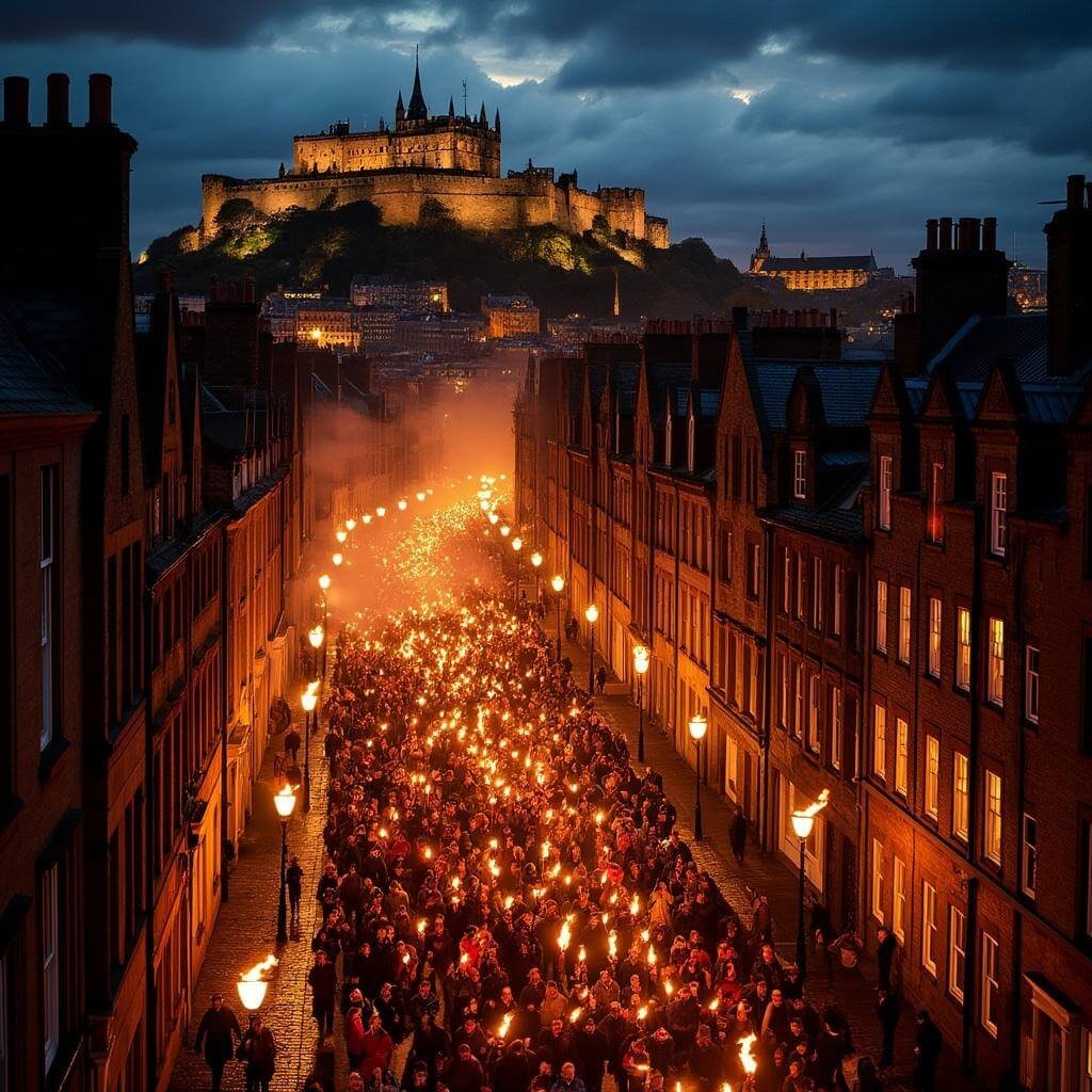 Nighttime view of the Edinburgh Torchlight Procession with torch-bearing participants illuminating cobblestone streets and ancient buildings, Edinburgh Castle in the background