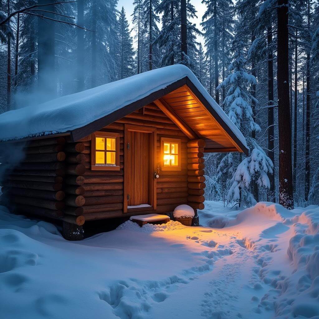 Traditional Finnish wooden sauna in a snow-covered forest at dusk, with steam rising, warm light glowing through small windows, and fresh footprints leading to the entrance