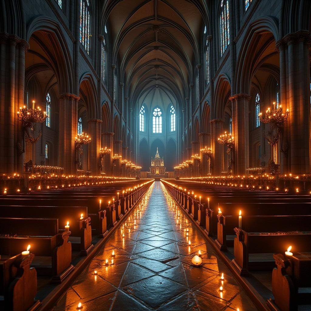 Gothic architecture of Saint Saviour's Cathedral illuminated by candlelight and ethereal beams from stained glass windows