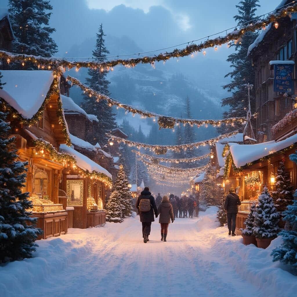 Heavenly Village holiday scene with decorated Christmas trees, twinkling lights, festive market stalls, snowfall, families, couples, and mountain resort buildings in the background
