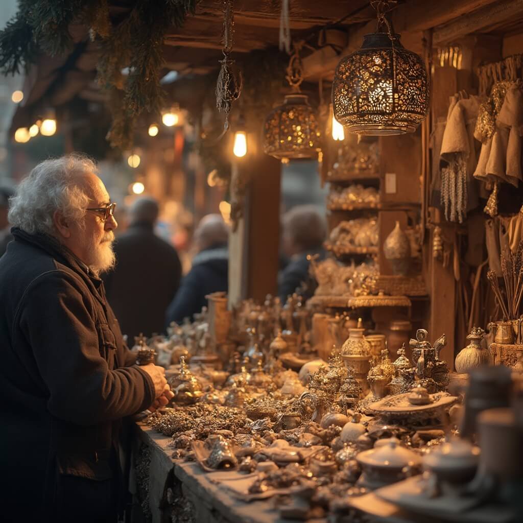 Local artisans selling handmade holiday goods at Simon Stevinplein market with wooden stalls and intricate handicrafts, customers browsing and interacting