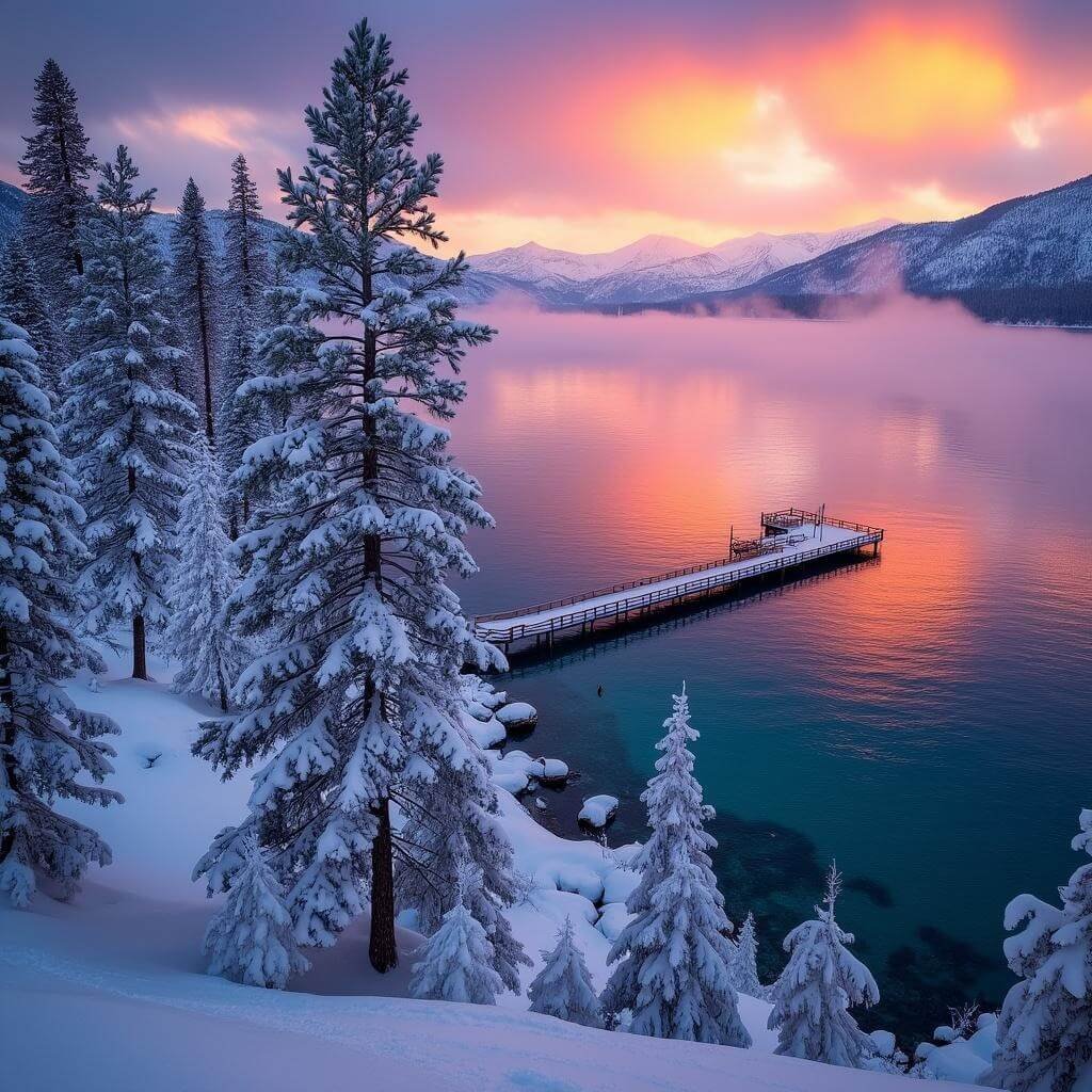 Winter sunrise over Lake Tahoe's North Shore with snowy pines, steamy crystal-clear lake, glowing Sierra Nevada mountains, and a wooden dock