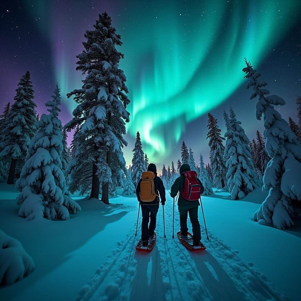 Snowshoe trek under Northern Lights in pristine Lapland forest with sparkling untouched snow and ancient pine trees