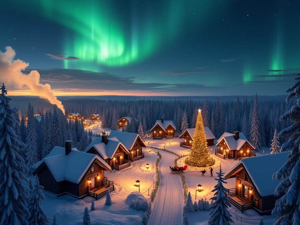 "Nighttime aerial view of Rovaniemi, Lapland featuring snow-covered pine forests with wooden cabins, Northern Lights, Santa's sleigh silhouette, rising chimney smoke, Christmas lanterns, Santa's Village, and a centrally located decorated Christmas tree during blue hour with hyper-realistic, cinematic lighting in 8K quality."