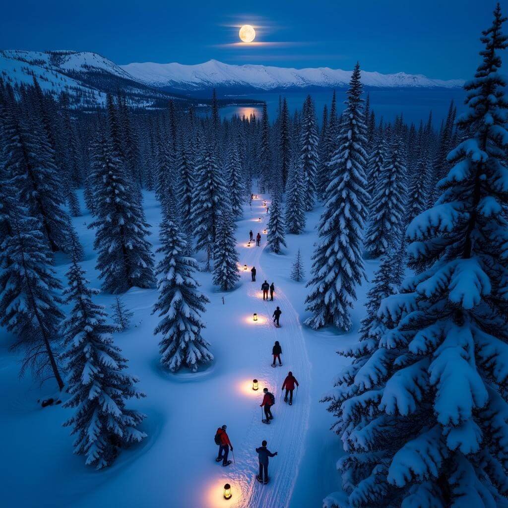 Aerial drone shot of a moonlit snowshoe tour through a snow-covered forest with lantern-lit trail, silhouetted participants, and a view of Lake Tahoe under full moon