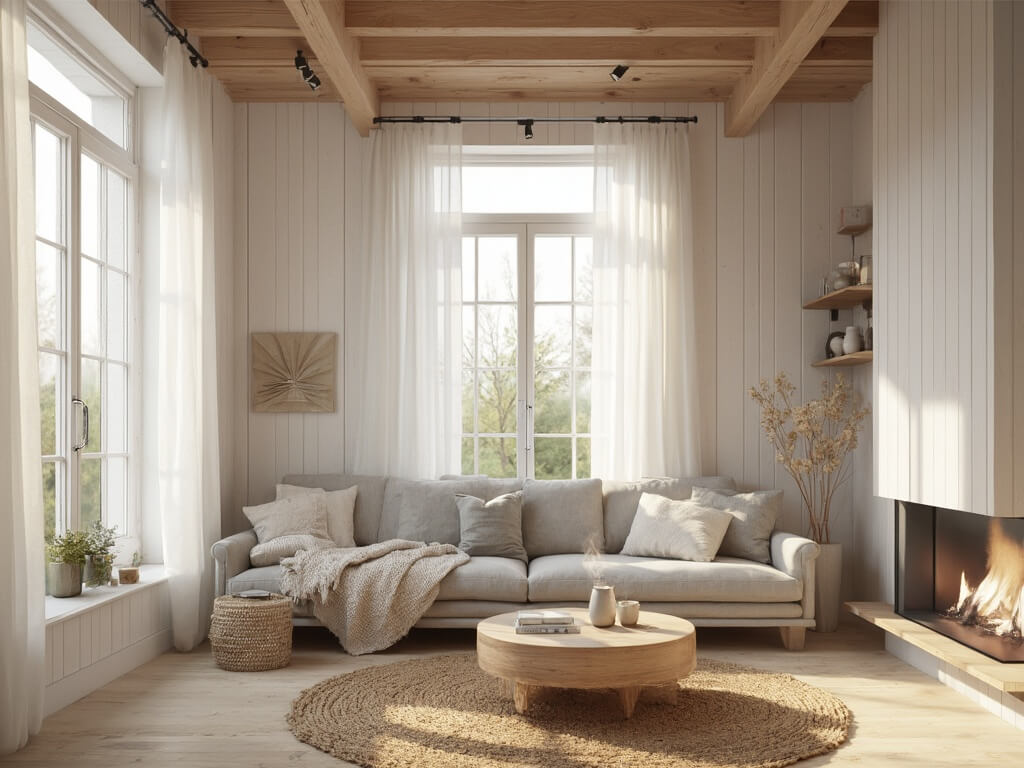 "Cozy Scandinavian cabin living room with sunlit interior, white linen curtains, pine beams, wooden floors, gray linen sofa, oak coffee table, and ceramic mug"