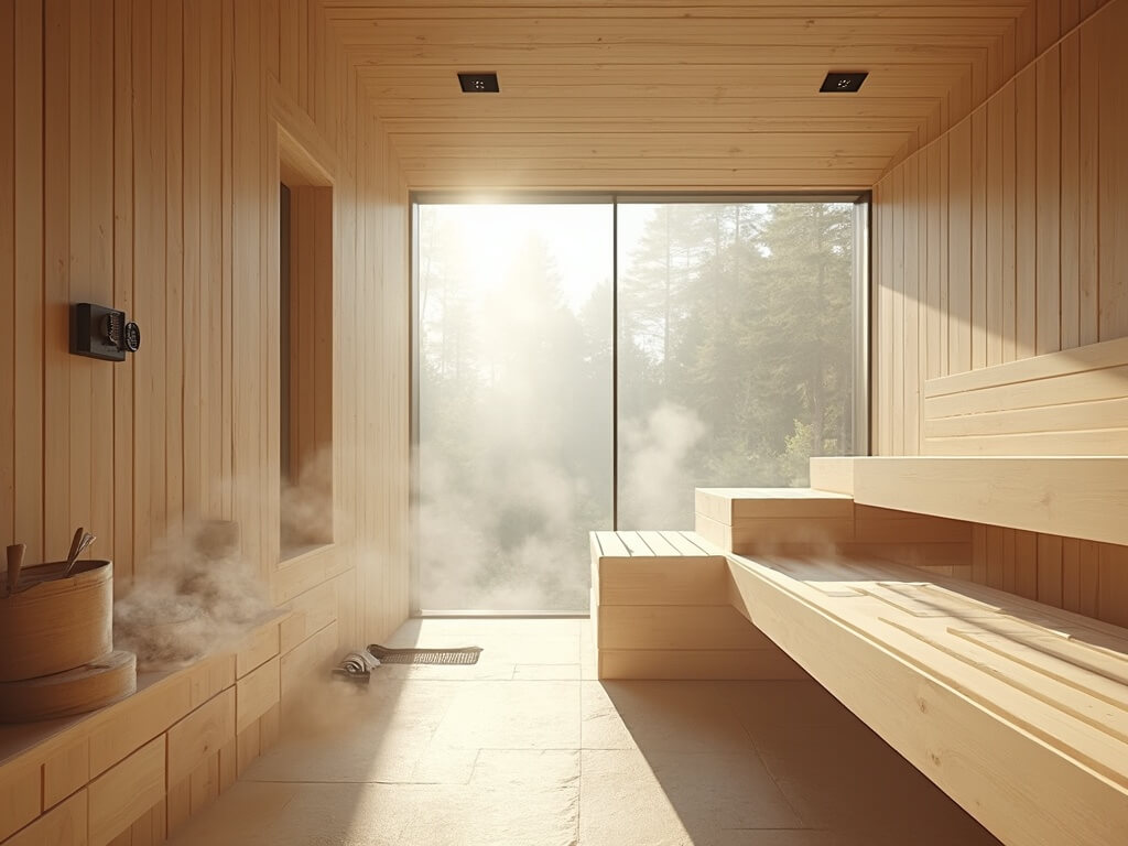 "Luxurious Nordic sauna interior with aspen wood, black accents, stone flooring, and forest view in morning sunlight"