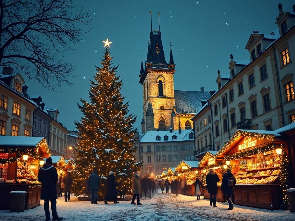 "Vintage postcard-inspired image of Prague's Old Town Square during Christmas, featuring Týn Church glowing against the winter sky, market stalls with fairy lights and garlands, a large decorated tree, and visitors browsing for lanterns, ornaments and mulled wine."