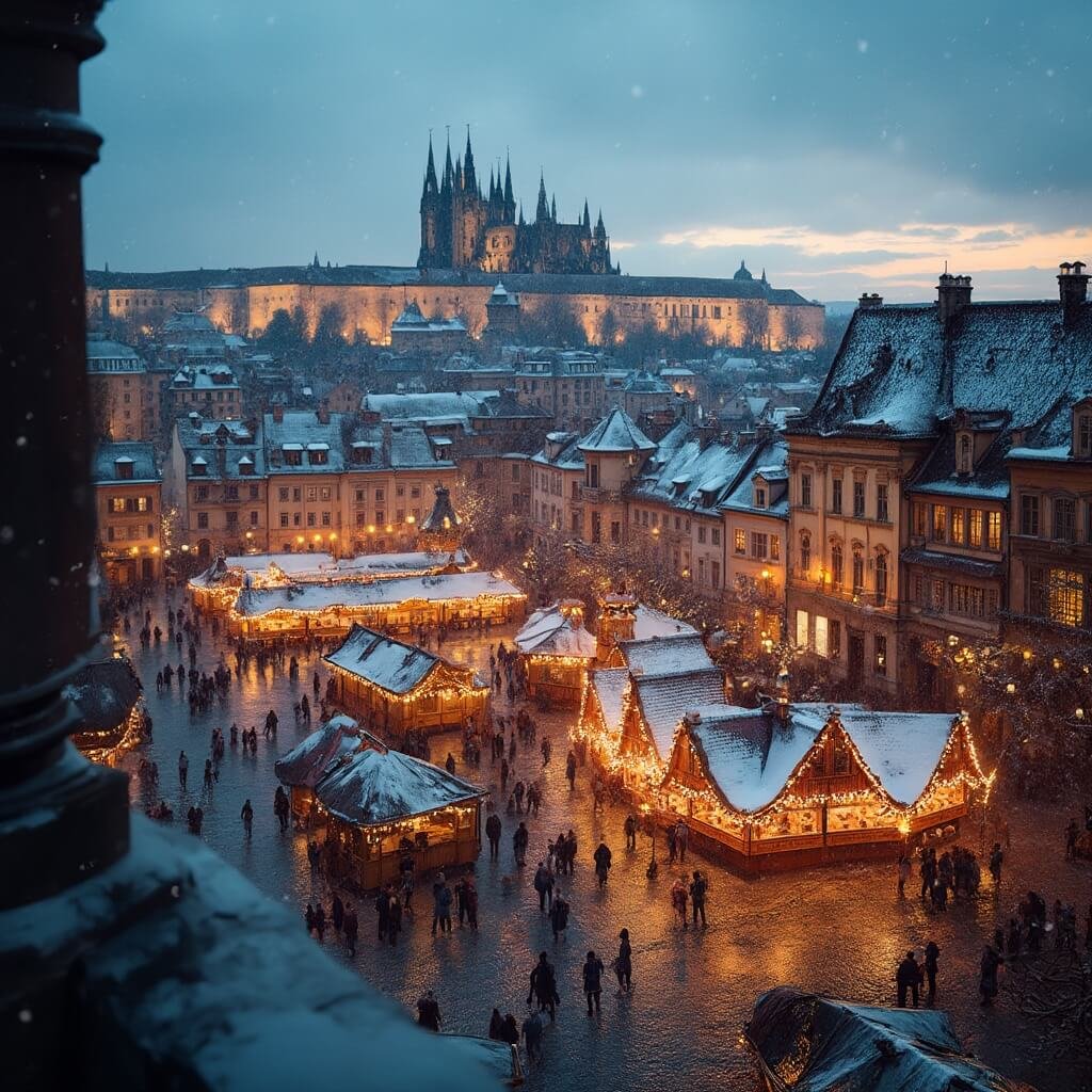 Panoramic view of Prague's Old Town Square at Christmas time with snowfall, traditional wooden market stalls, twinkling lights, and historic baroque architecture at dusk.