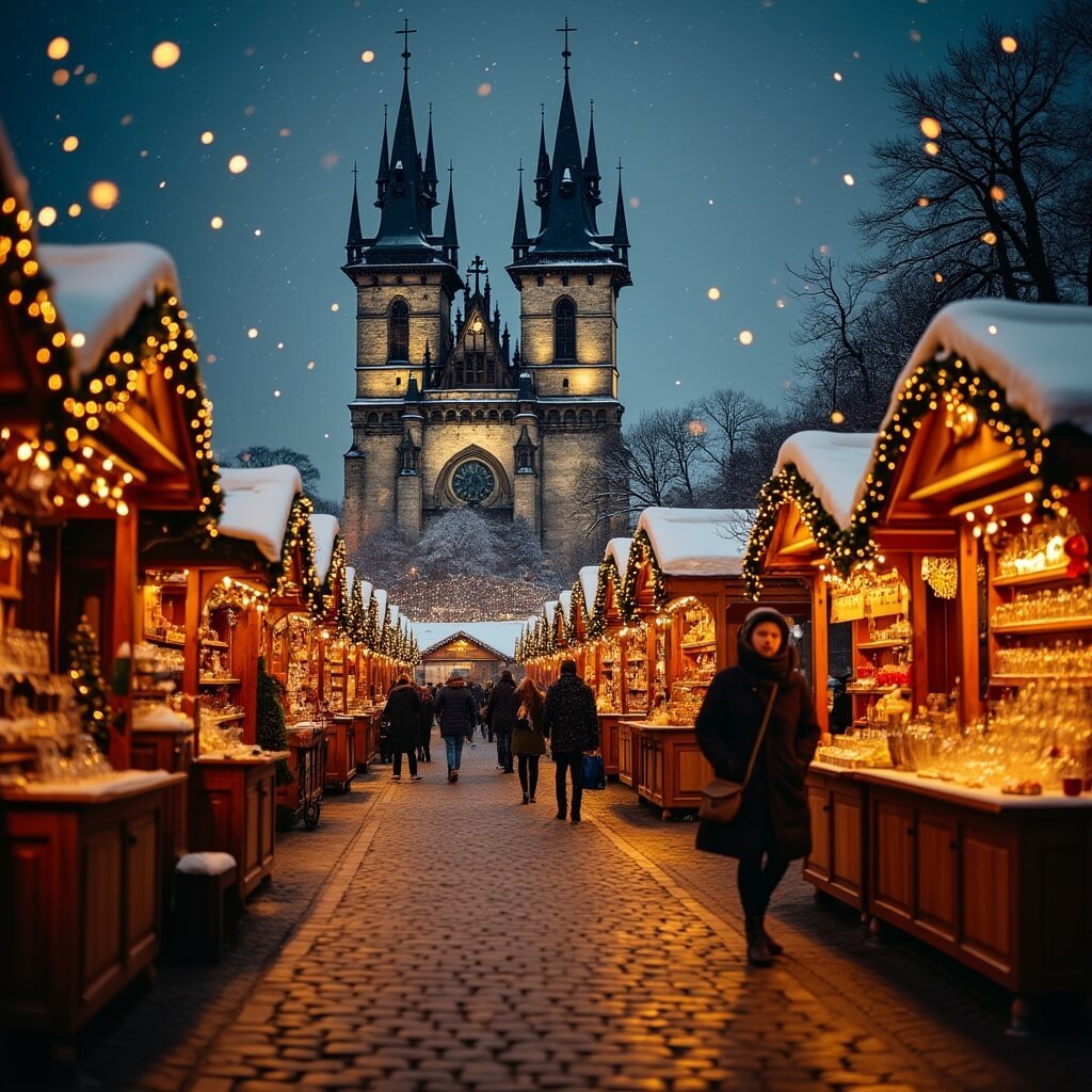 Wenceslas Square at Christmas night with illuminated wooden market stalls, snow-dusted rooftops, vendors selling crafts, and Gothic architecture in the background