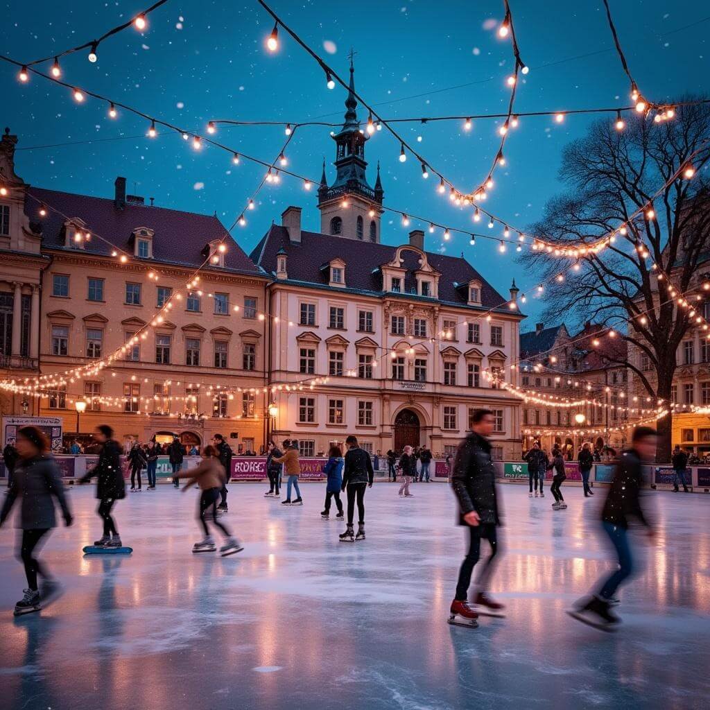 Dusk view of Prague's outdoor ice skating rink in a historic square with snow, baroque buildings, and magical glow from strung overhead lights.