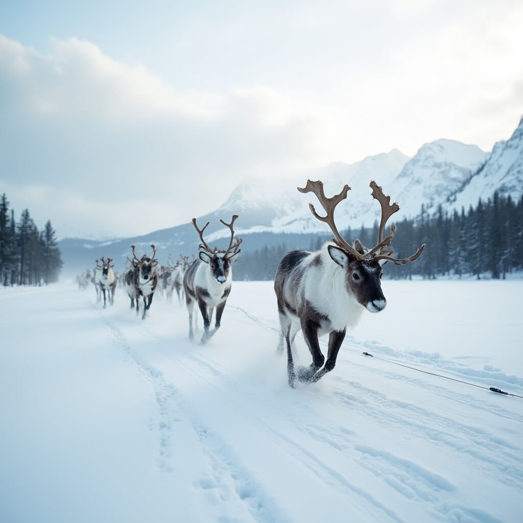Reindeer sled safari racing across a snowy Arctic landscape with visible breath in the cold air, pine forests, and distant snow-capped mountains under a winter sky
