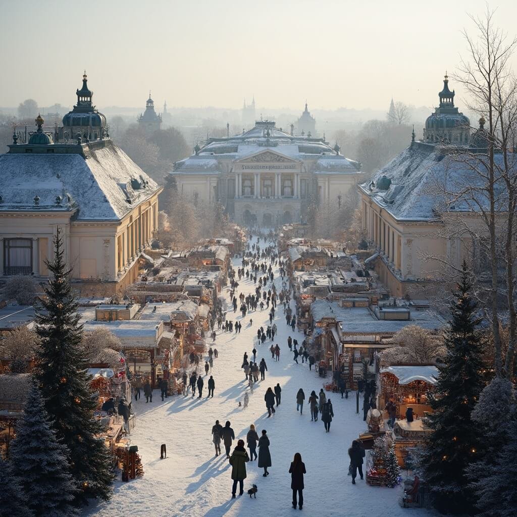 Visitors strolling through Schönbrunn Palace Christmas market amid symmetrically arranged stalls, baroque architecture, and snow-dusted trees in soft winter light
