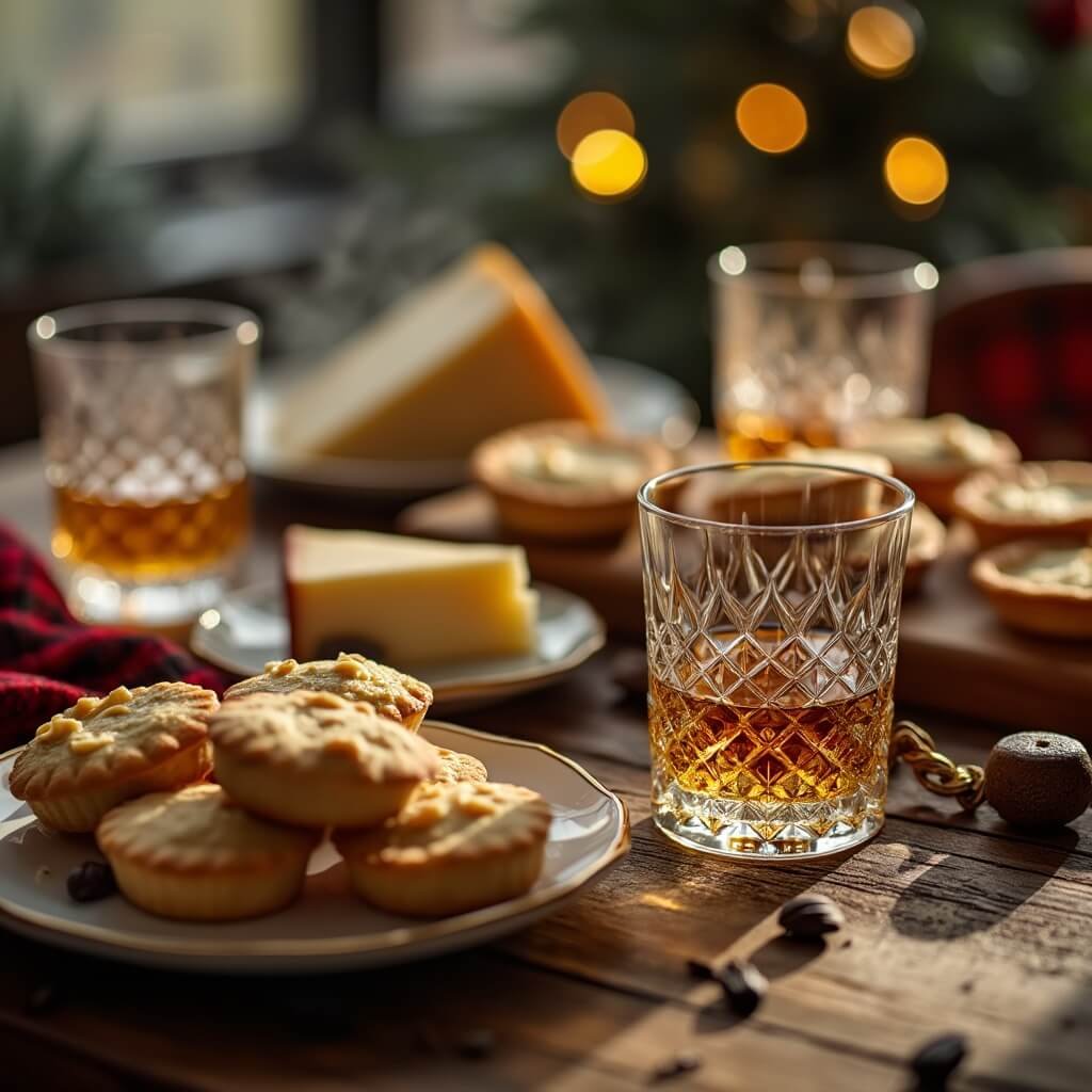 Traditional Scottish festive spread on a rustic table with shortbread, whisky, cheeses, and mince pies under soft window light