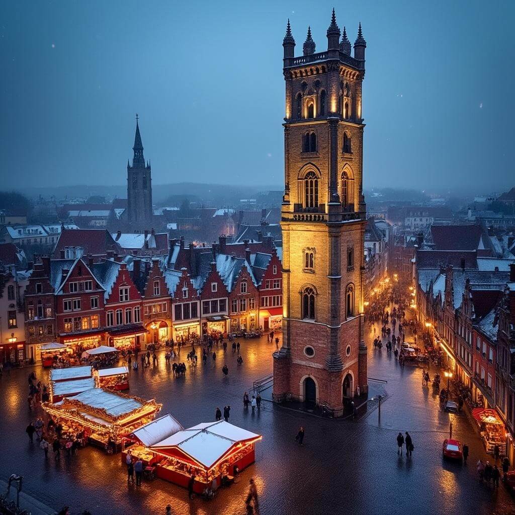 Bruges' Markt Square at dusk with illuminated Belfry Tower, snow falling on medieval architecture and glowing market stalls reflecting on cobblestone streets